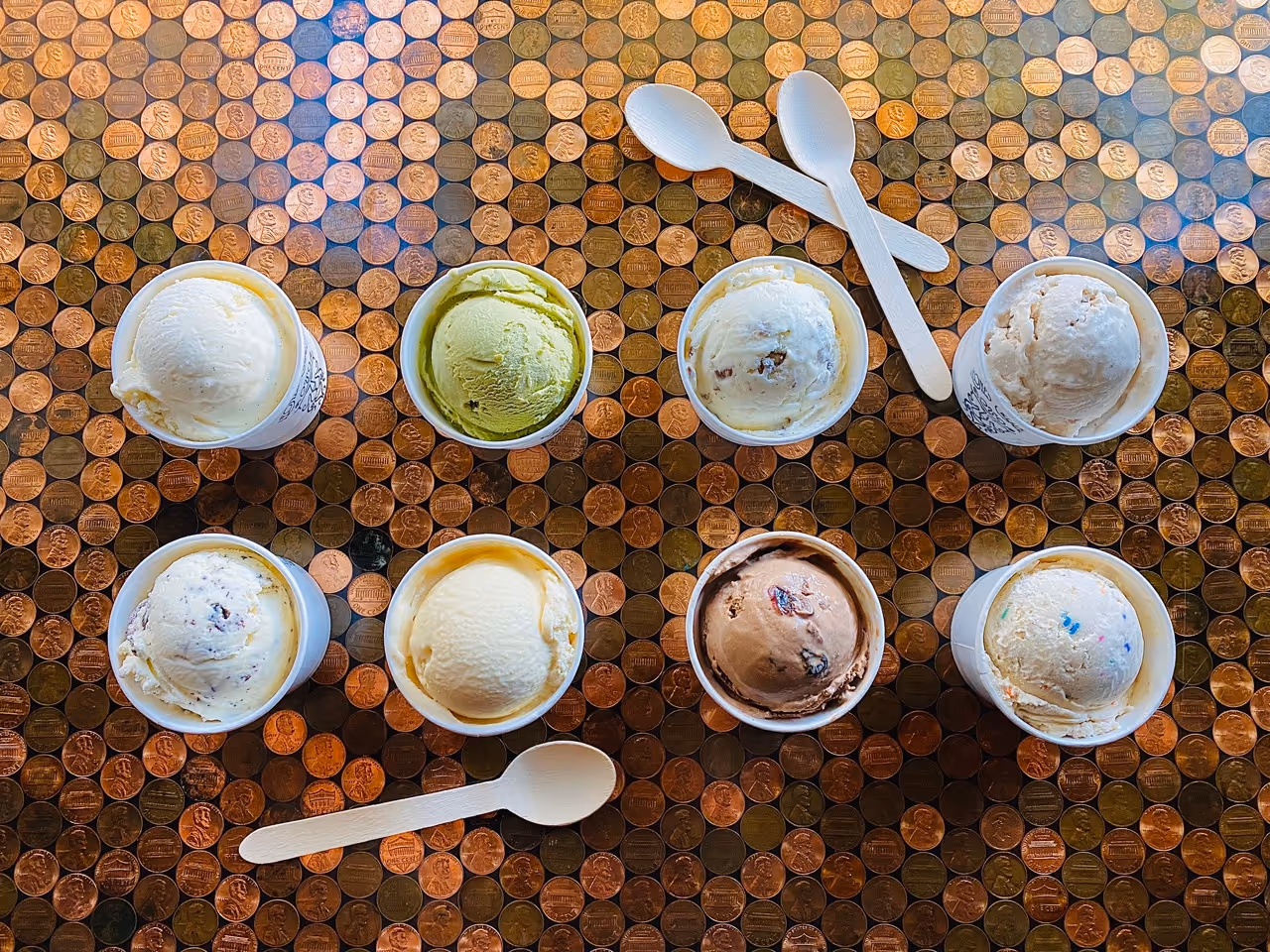 Eight ice cream flavours on display at Leones' Creamery