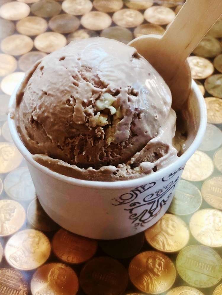 A praline chocolate ice cream, chock-full of candied pecans and toasted coconut!