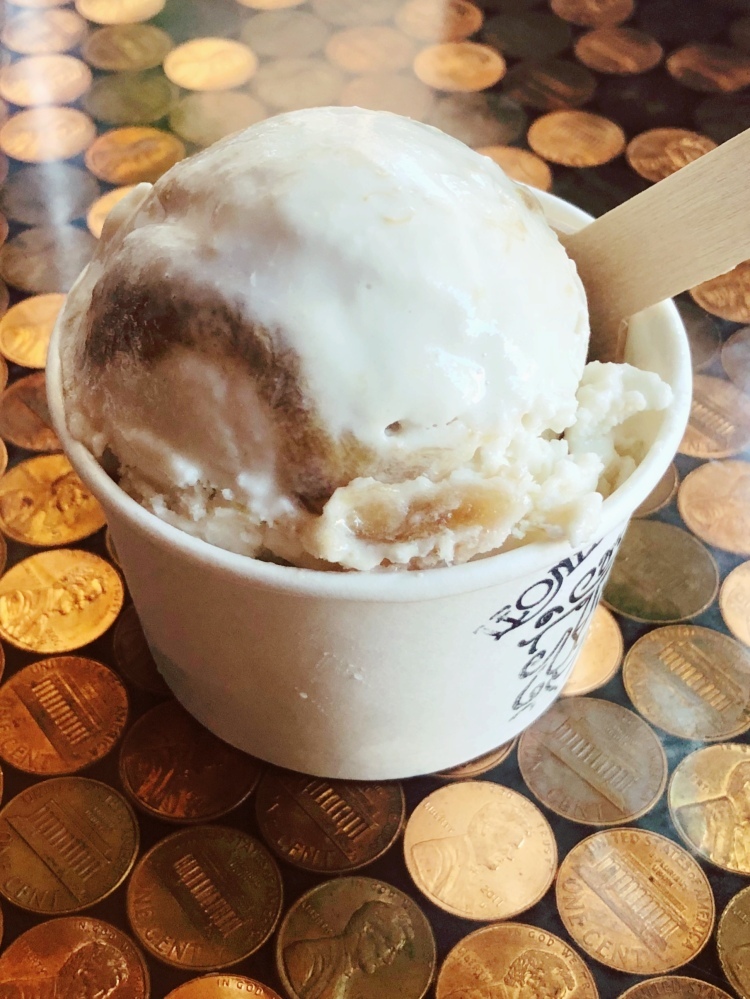 Creamy, vegan coconut ice cream with a ribbon of rhubarb compote (grown expertly at Cycle Farm!).