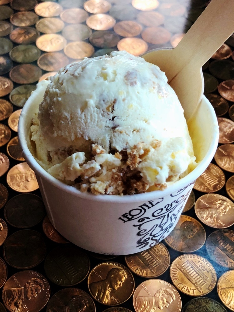 Cinnamon-vanilla ice cream, chock-full of our housemade (and gluten-free!) peach crisp!
