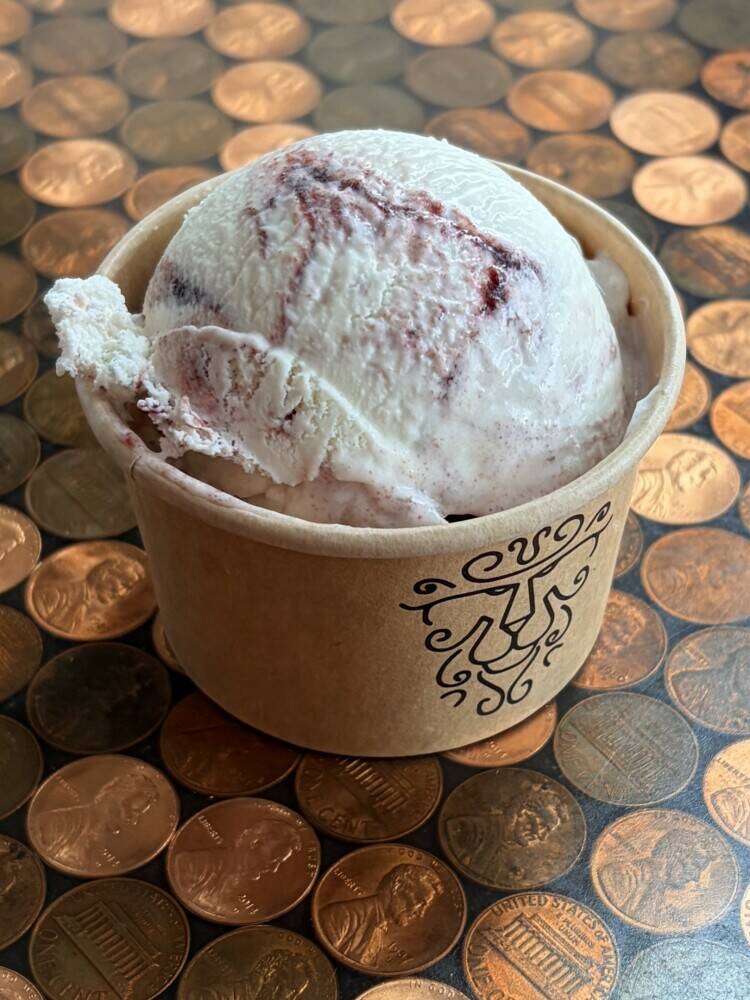 Cycle Farm coriander-infused ice cream with a ribbon of housemade plum jam (made with Cycle Farm plums!!).