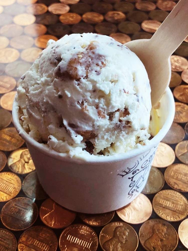 A classic! Sweet cream ice cream, heaped with chopped peanut butter cups.